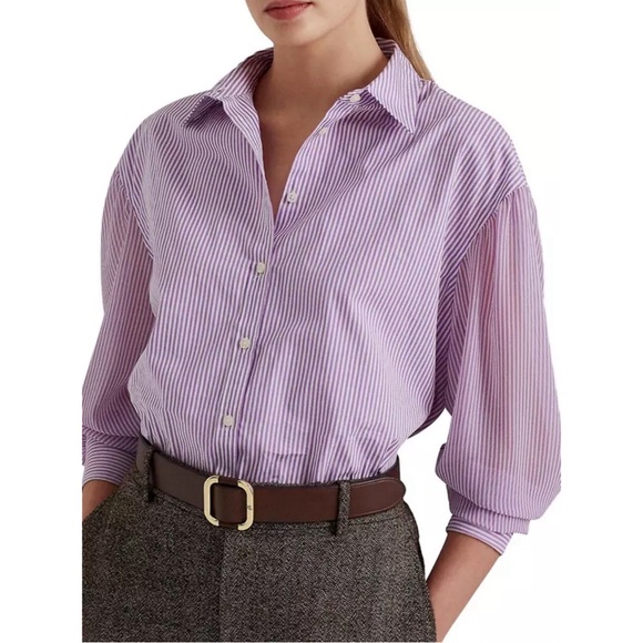 Lauren Ralph Striped Broadcloth Shirt in Lavender, Size XL New w/Tag - Picture 5 of 12